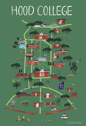 Funky depiction of Hood College buildings and students.