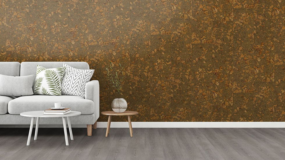 Textured natural cork wall covering in warm earthy brown tones, creating a striking feature wall for cosy Autumn Interiors.