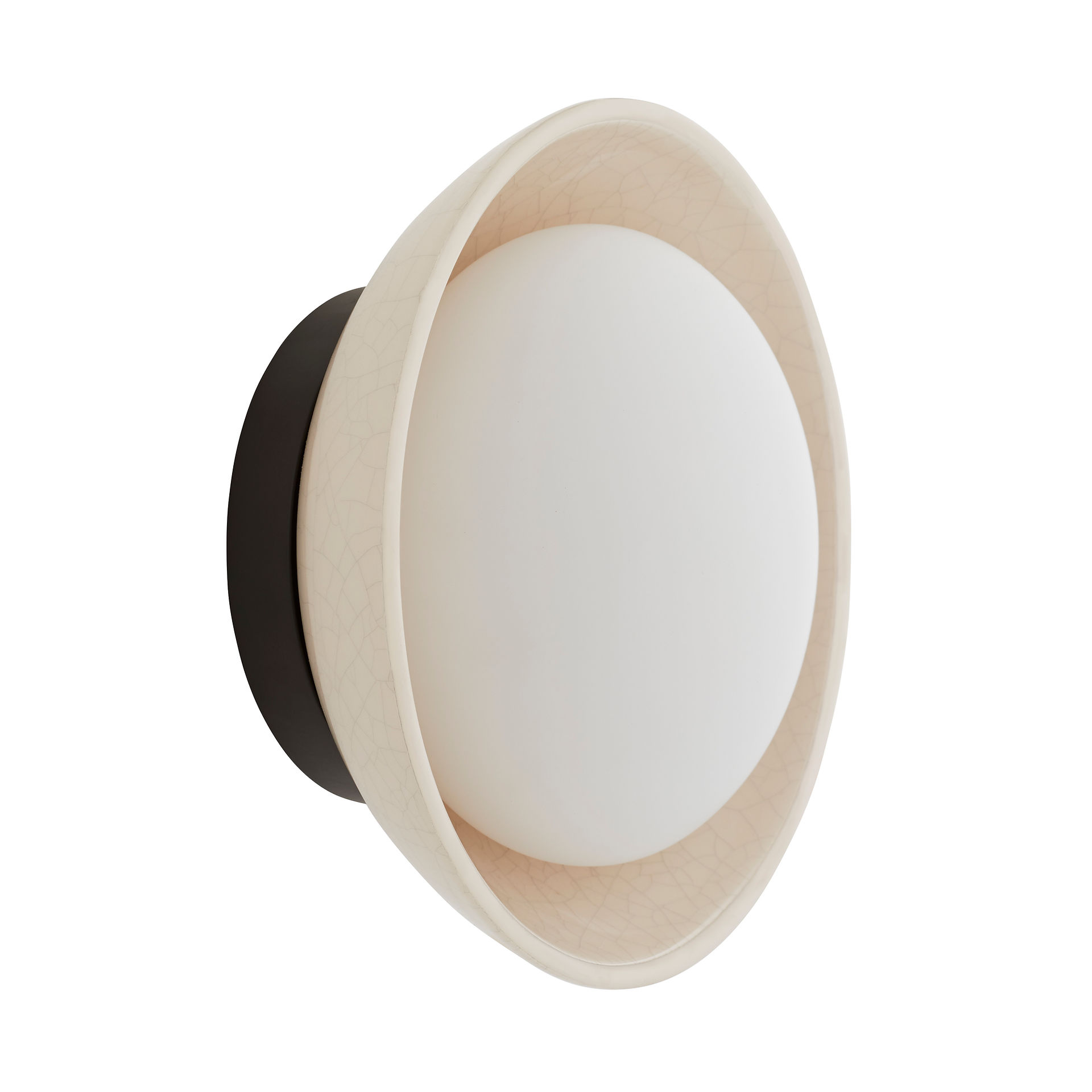 Ivory stained crackle-glazed ceramic shades and softly frosted opal light fixture