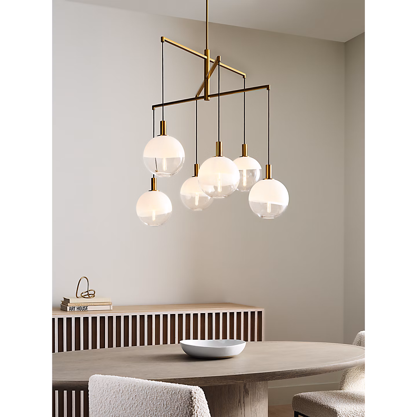 Burnished brass frame, milk and clear glass globes