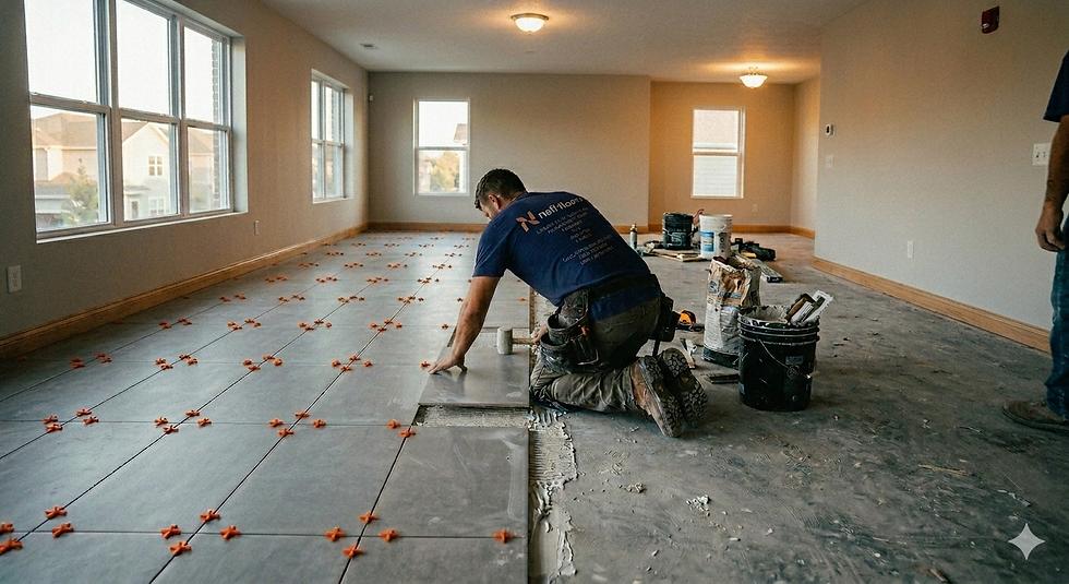 Worker laying floor tiles, tile installation Jacksonville FL