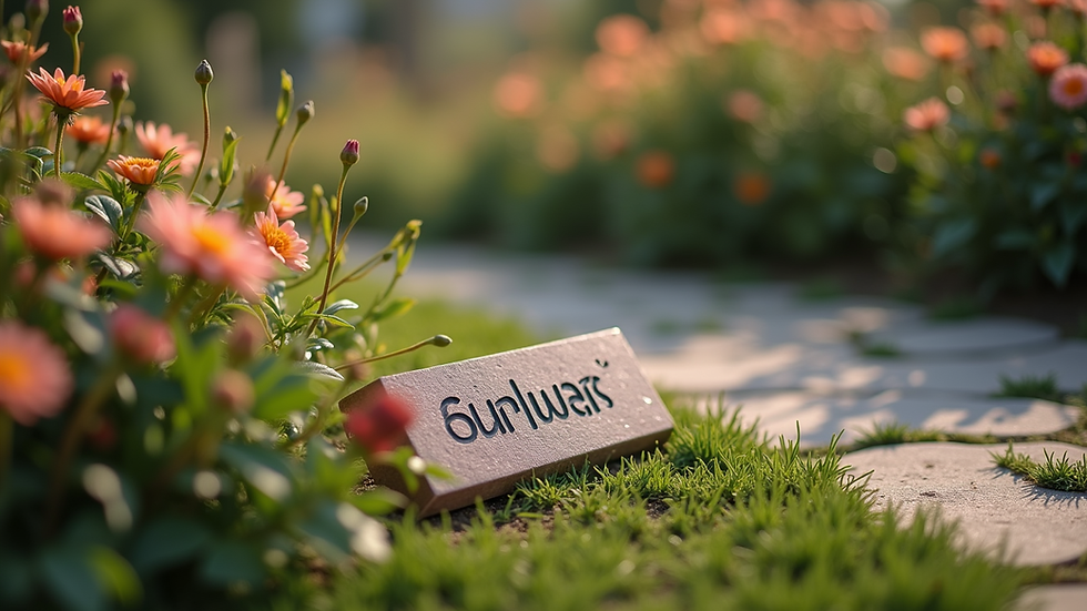 Close-up view of a memorial garden with flowers and a pet’s name plaque