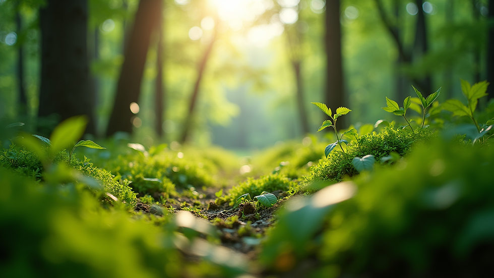 Eye-level view of a lush green forest with sunlight filtering through the leaves