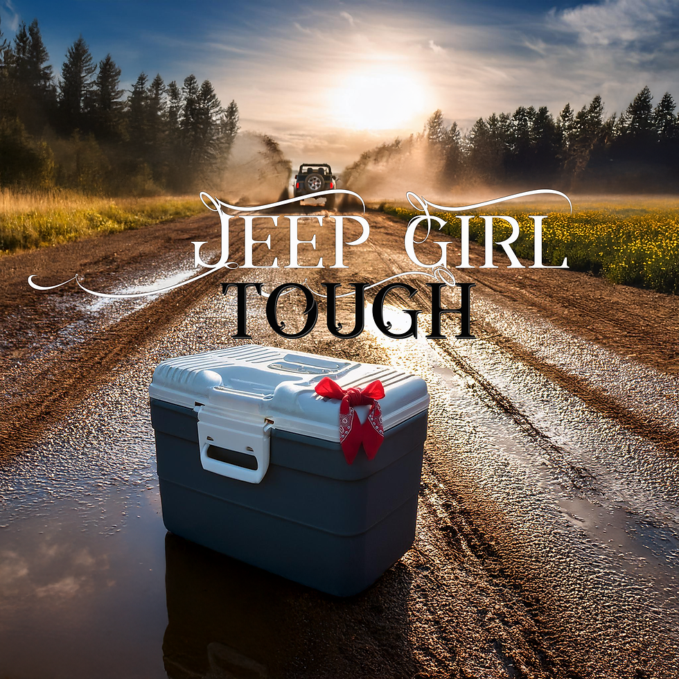Eye-level view of a Jeep parked on a dirt road with a bandanna tied on the side mirror