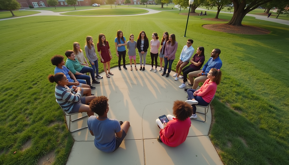 A group of people sit in a circle on chairs in a park, engaging in discussion. The setting is sunny with green grass and a large tree.
