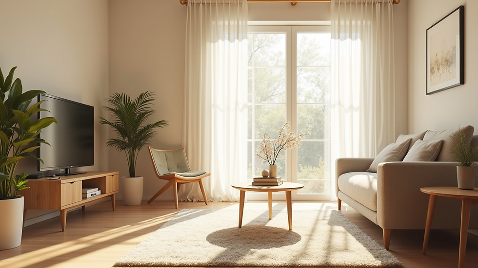 Eye-level view of a clean and bright living room with sunlight streaming through windows