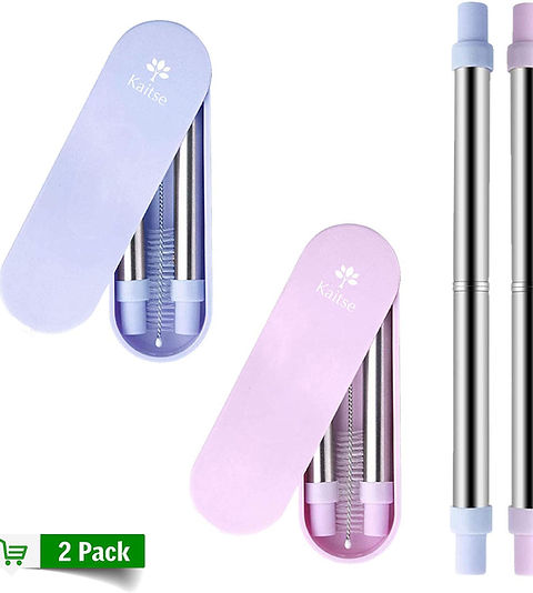 2 X His And Hers Collapsible Straw With Travel Case (Stainless Steel) | Pink And Blue Foldable - View #7