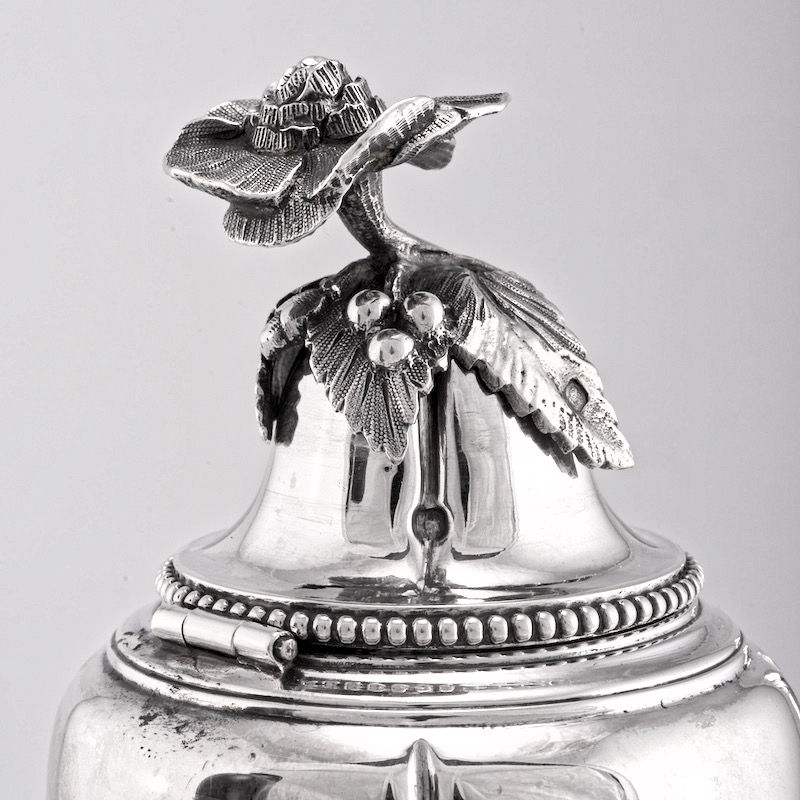 Antique French Sterling Silver Tea Coffee Pot by Martial Fray Hallmark Minerva No.1 Coat of Arms Heraldry Noble Ebony Handle