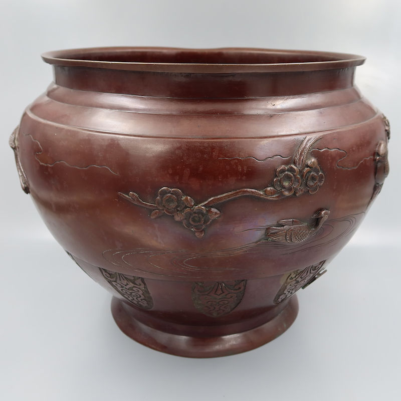 Thumbnail: Antique Japanese Bronze Vase Meiji Edo Taisho Period Murakami 村上彦製造和製日本製骨董品青銅鉢　花瓶　花鳥柄　江戸後期明治大正時代