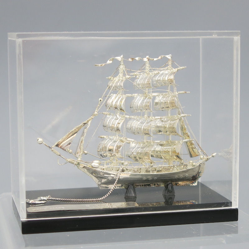 Vintage solid 925 sterling silver miniature sailing ship boat model in glass case cyprus