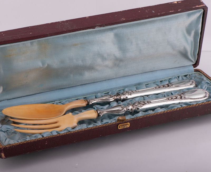 Phillippe Berthier Antique French Sterling Silver Flatware Cutlery Salad Server Serving Set Fork Spoon Box Case Hallmark