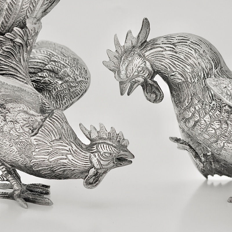 Close Up of Fighting Roosters Cockerels Silver Table Ornament Victorian Edwardian