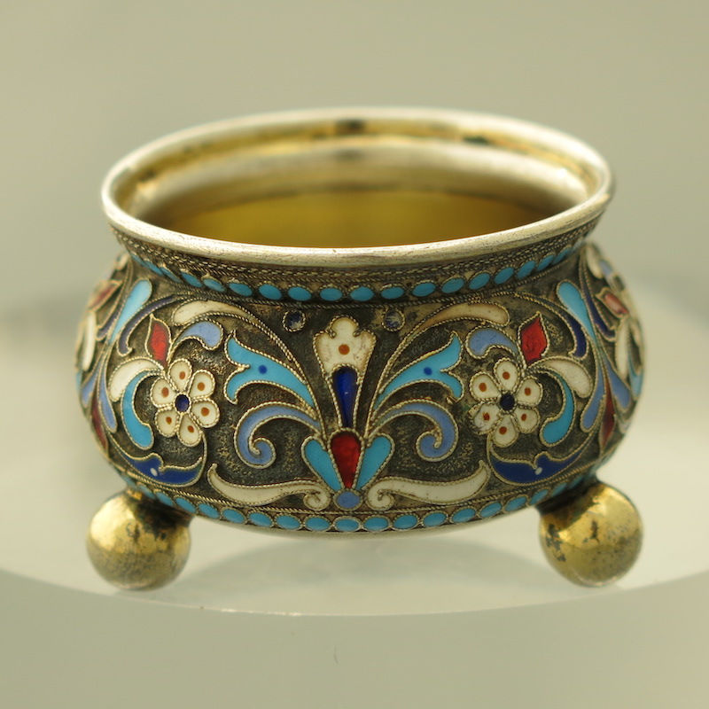 Thumbnail: 1896 Antique Imperial Russian 88 Solid Silver & Enamel Cloisonné Open Salt Cellar with Vermeil Gilt Interior Hallmark Moscow