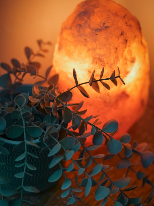 Warmer Praxisbereich bei Soulissa mit Salzlampe und Pflanzen für eine ruhige, entspannte Atmosphäre