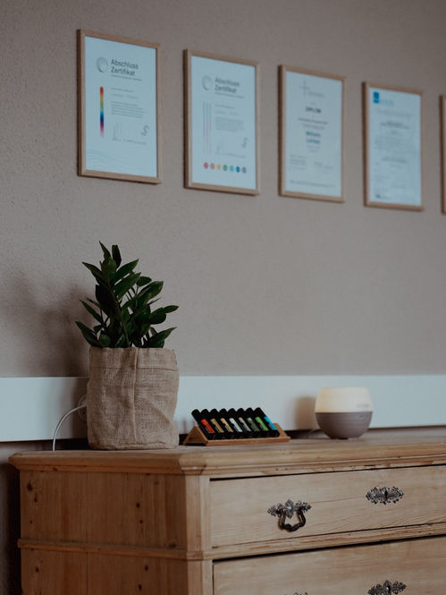 Heller Praxisraum von Soulissa mit Zertifikaten, Pflanzen und ätherischen Ölen in ruhiger Atmosphäre