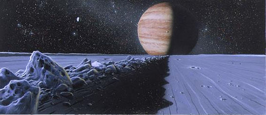 Gravura artistica de Júpiter visto da superfície de Ganimedes.
