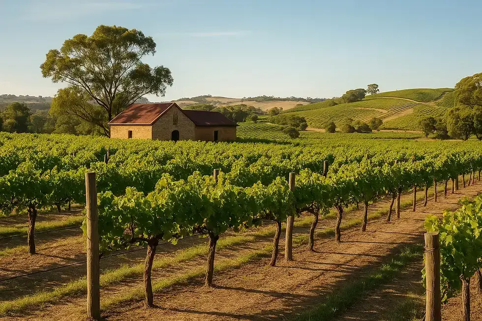 Sunlit vineyard in the Barossa Valley with rows of green grapevines, a rustic stone winery building with a red roof, and rolling hills in the background.