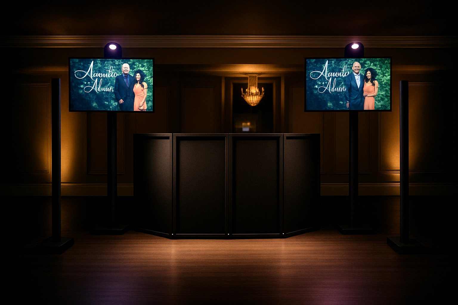 Large LED media screens displaying wedding slideshow and live visuals at a NJ reception