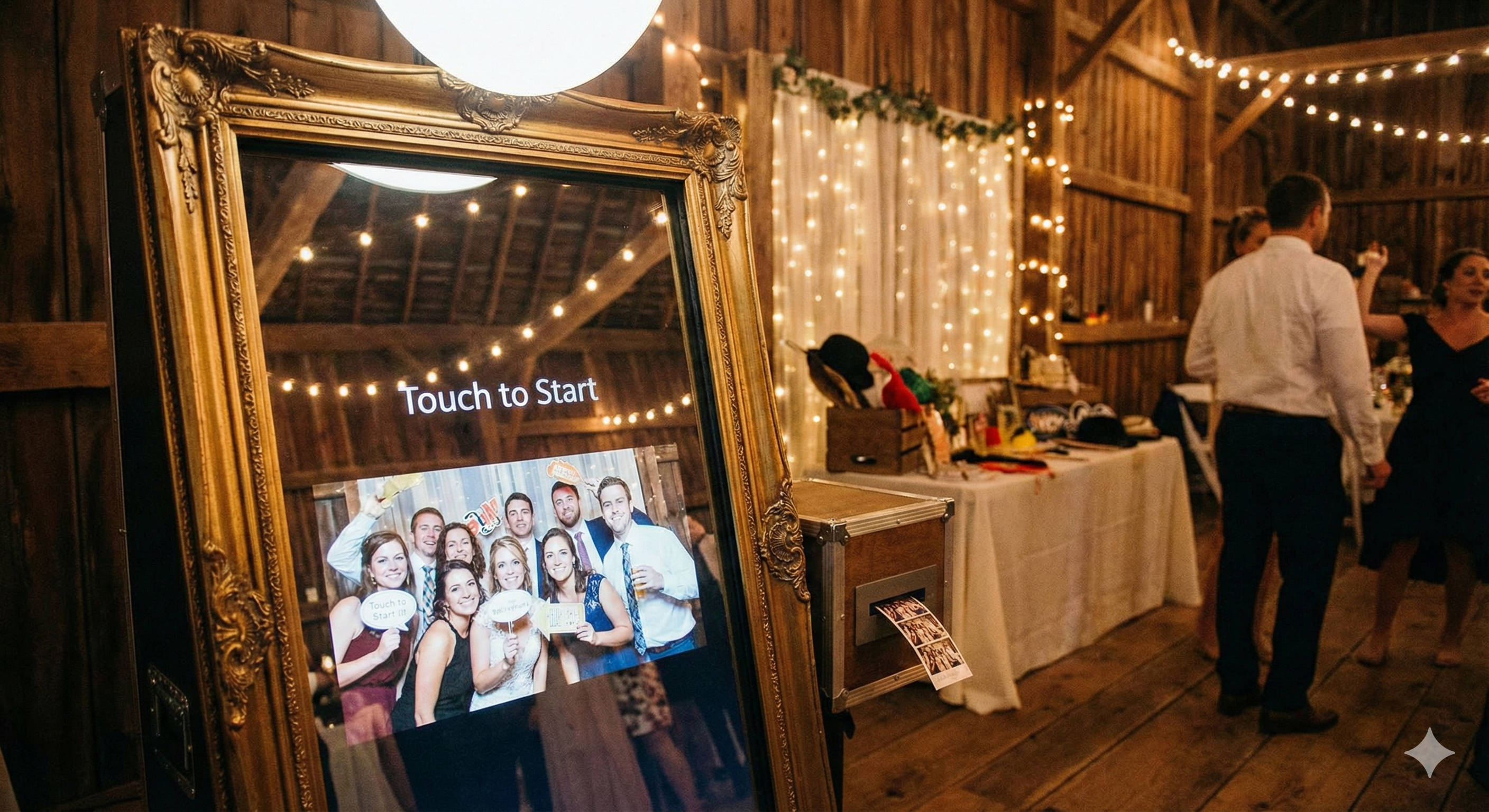 Interactive mirror photo booth with touchscreen animations at a New Jersey wedding reception