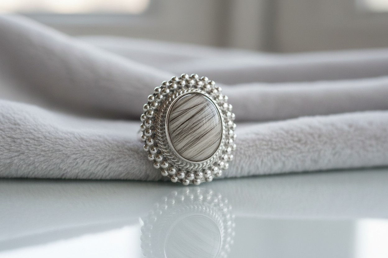 Tierhaarschmuck Fingerring „Wuffi“ – 925 Silber mit Labradorit & Fell/Asche