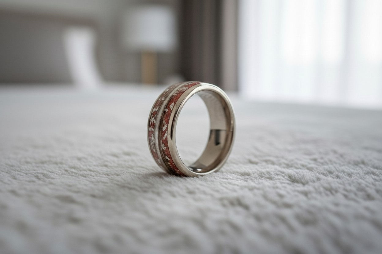 Tierhaarschmuck Fingerring "Falke " 8mm Breite mit eingefärbter Asche und Fell