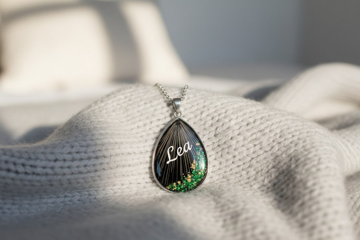 Tierhaarschmuck Halskette „Lea“ – Fellfächer & Hintergrundfarbe (13×18 mm)