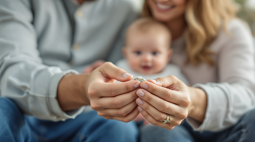 Frau und Mann tragen ein Baby sie halten einen Fingerring | Muttermilchschmuck Schweiz