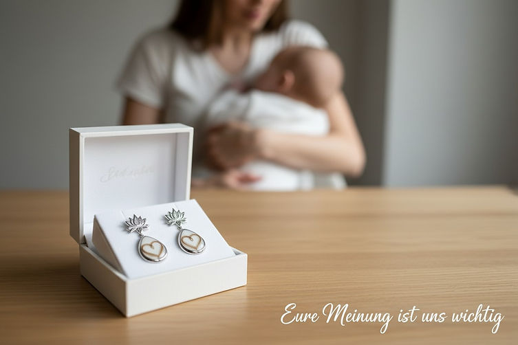 Muttermilchschmuck‑Ohrringe in weißer Schmuckschachtel mit Herz‑ und Lotus‑Design auf Holztisch, im Hintergrund unscharf eine Mutter mit Baby, Text Eure Meinung ist uns wichtig