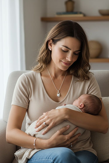 Frau mit Baby auf dem Arm die Frau trägt Schmuckstücke mit einem weissen Stein | Muttermilchschmuck Schweiz |Muttermilchschmuck.online| Schmuck aus Muttermilch | Schmuck mit Muttermilch | Muttermilchschmuck.online