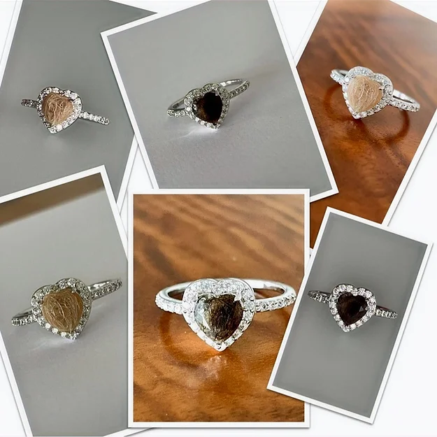 Die Edle Schmuckserie zelebriert das Symbol der Liebe , so schön wie keine andere! Im Zentrum jedes Schmuckstückes steht ein in Herzform gegossener Haar Abdruck, umrahmt von kleinen runden Zirkonia Steinen. Der Ring aus rosévergoldetem Sterling Silber oder 925 Sterling-Silber mit Zirkonia Steinen , hinterlässt einen besonders schönen Effekt. schöne und Spezielle Fingerringe. Die Optik ist vom Fell Abhängig und dessen Beschaffenheit. 