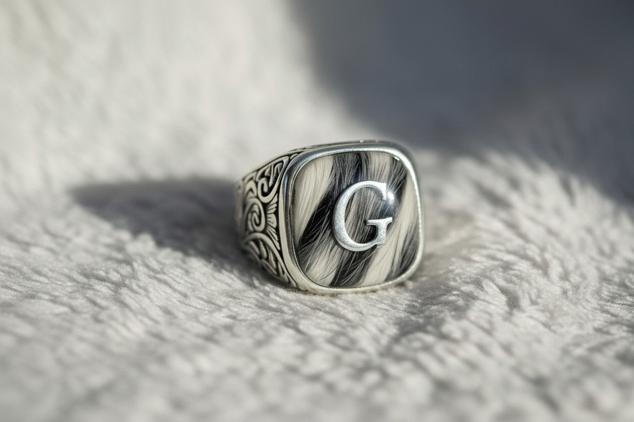 Tierhaarschmuck Fingerring Fredo mit Fell & Buchstaben