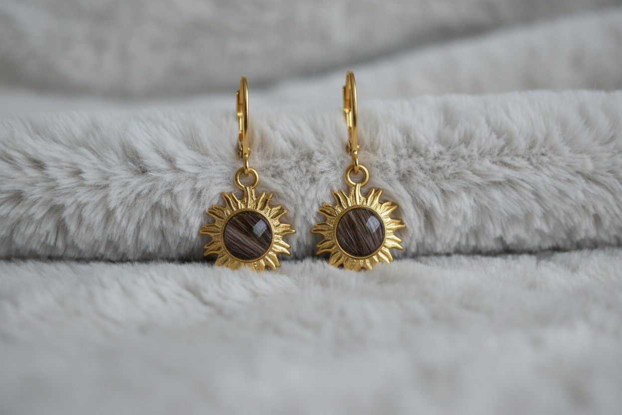 Tierhaarschmuck Ohrringe Sonnenscheinchen (die Sonne hat eine Grösse von 15,8 mm x 12,8 mm) mit Fell