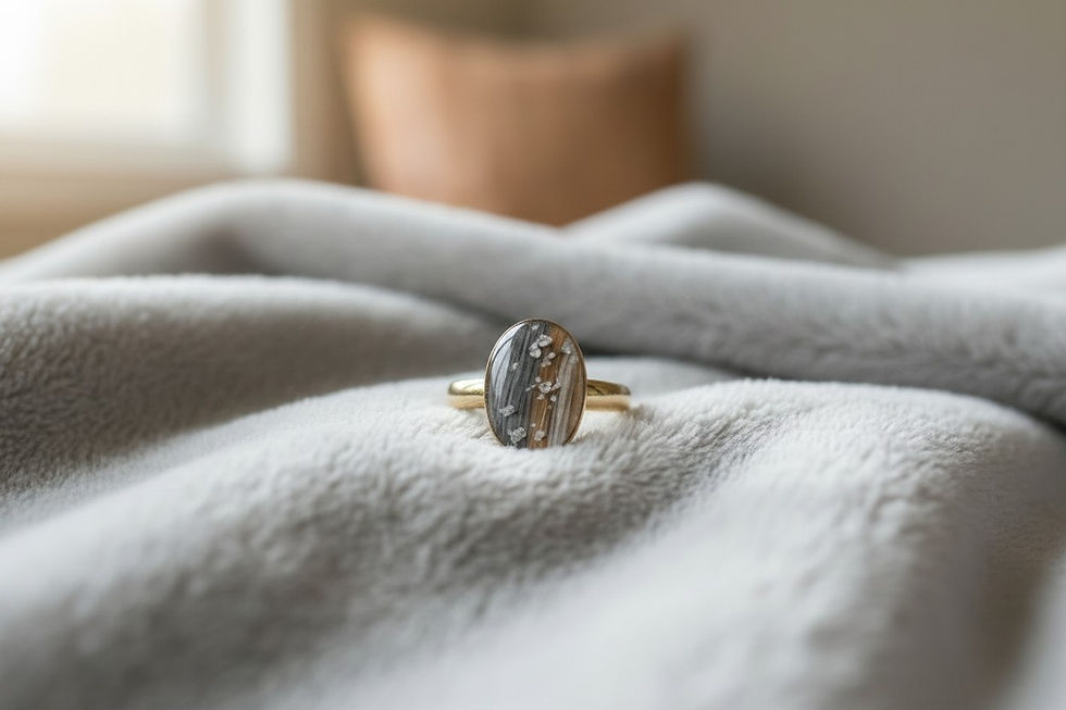Bienen-Fingerring aus Tierhaarschmuck, mit Fell/Asche und Glitzer im ovalen Harzstein, in Silber oder Gold als persönlicher E