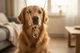 Halskette im vordergrund im Hintergrund ein Goldenretiever | Tierhaarschmuck Schweiz