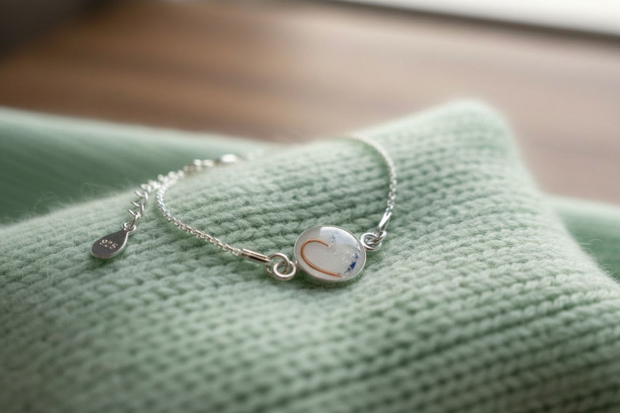 Muttermilchschmuck Armkette Wilma aus 925er Silber mit Muttermilch‑Medaillon und halbem Haar‑Herz.