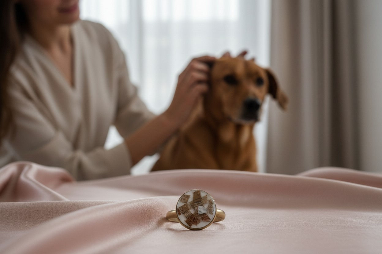 Tierhaarschmuck Fingerring Bär 12mm mit Fell und Hintergrundfarbe