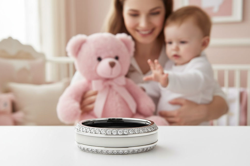 Ein 8 mm breiter Muttermilchschmuck-Fingerring aus Silber mit weißer Einlage und zwei Reihen funkelnder Zirkonia, präsentiert