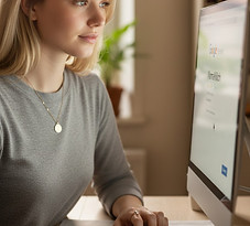 Frau sitzt am PC und macht eine Bestellung bei MamaMilch | Muttermilchschmuck Schweiz