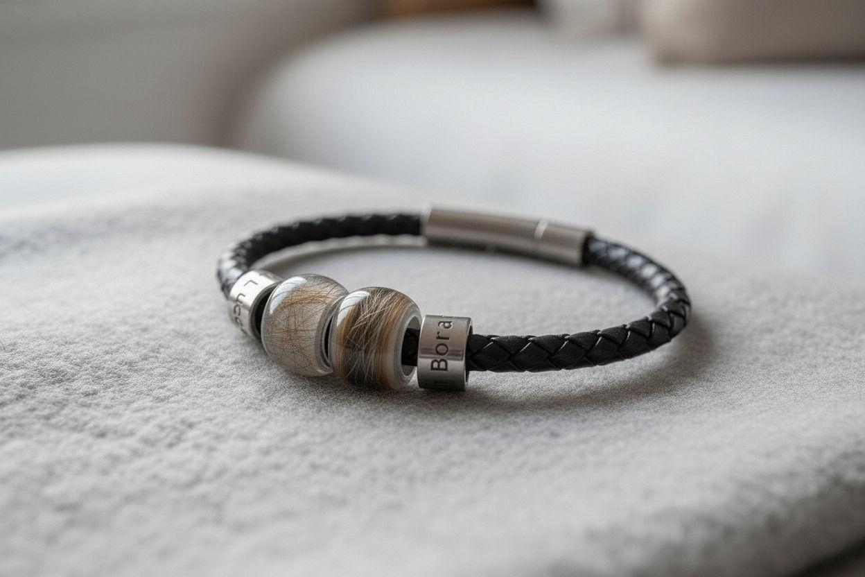 Tierhaarschmuck Armband Mischa mit 2 Fell/Asche Charm Perle & Gravuren Beads