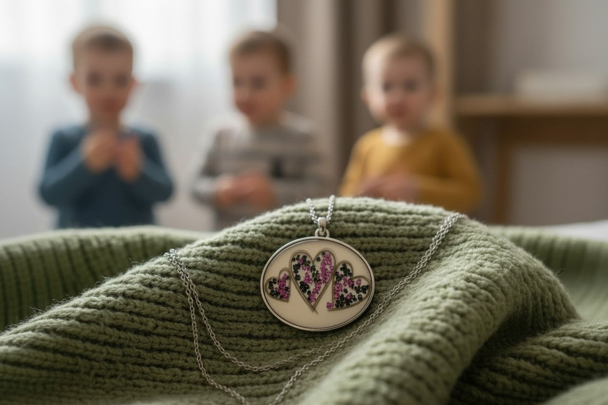 Muttermilchschmuck Halskette „Danilo“ –mit drei Haar Herzen & Glitzer