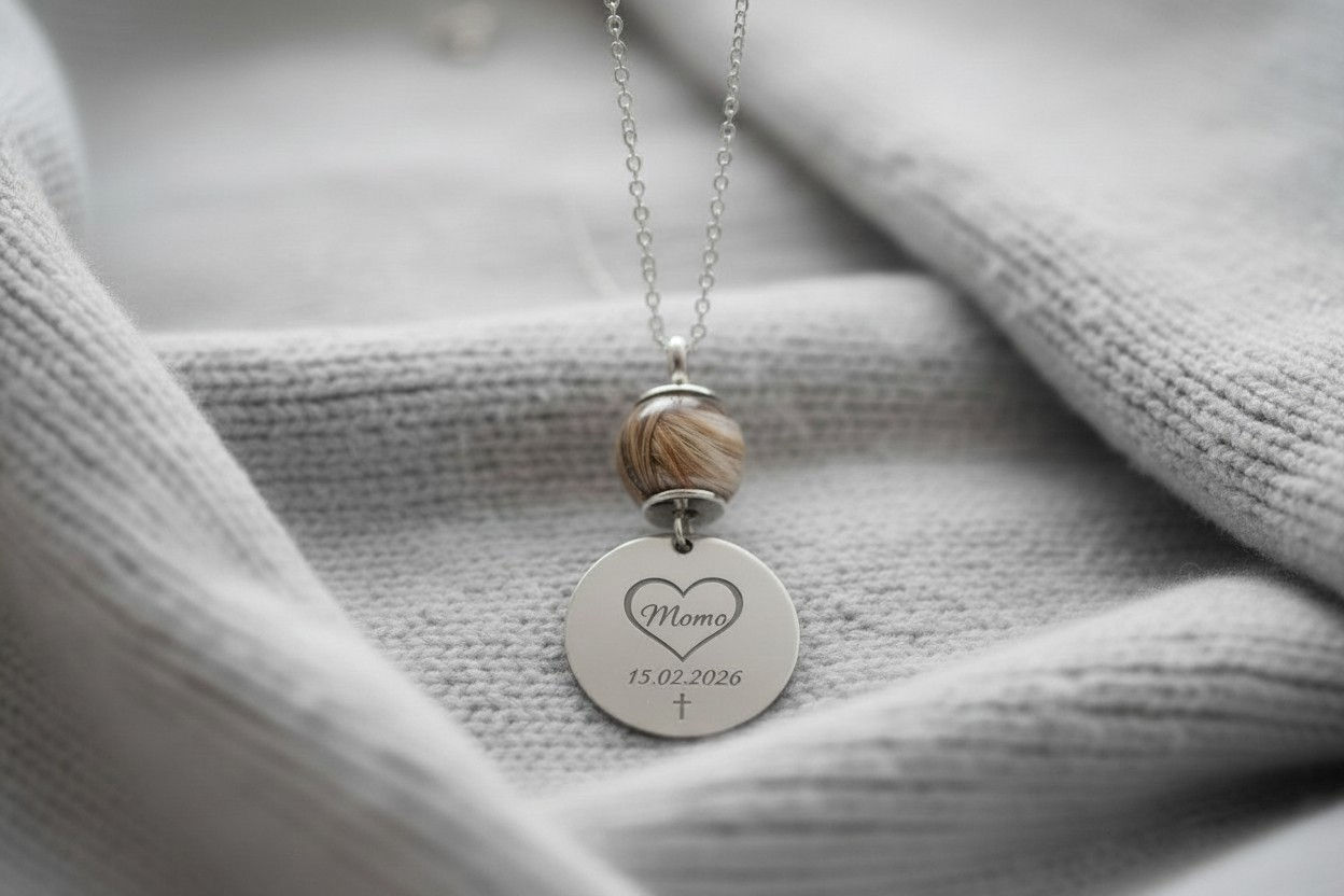 Tierhaarschmuck Halskette Gabriel mit einer Fell Charm Perle & Gravur