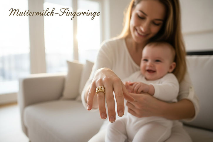 Im Hintergrund hält eine Mutter ihr Baby, weich und unscharf dargestellt. Im Vordergrund ist der Muttermilch‑Fingerring klar fokussiert – handgefertigter Muttermilchschmuck aus der Schweiz, personalisiert und hochwertig verarbeitet.