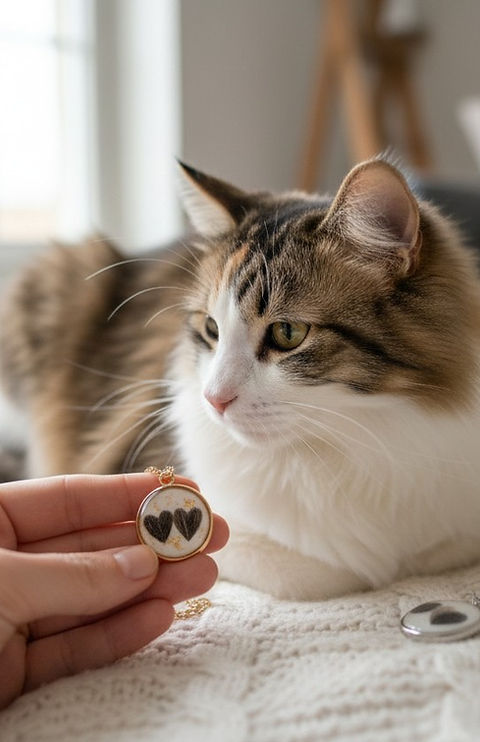 Hand mit Anhänger und Harz‑Fell‑Stein neben einer Katze | Tierhaarschmuck Schweiz