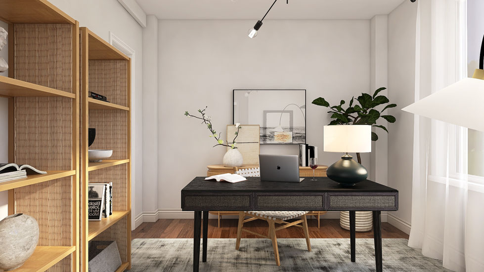Minimalist organic office design with natural wood elements, neutral tones, and green accents, creating a calm, nature-inspired workspace.