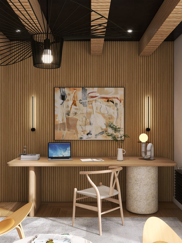 Japandi-inspired office with moody, muted tones, minimalist furniture, and earthy accents, creating a calm and focused atmosphere for work.