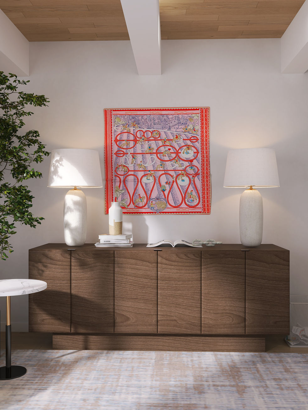 Corporate office for a lawyer with Hermes scarf artwork, combining luxury, professionalism, and creative elegance with a striking focal point.