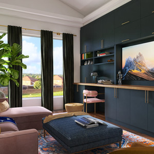 Work hard, play hard! Our Project Vibe combines a moody media room with a dynamic home office. Bold colours, modern furniture, and a mix of fun and functionality make this space perfect for both productivity and relaxation.”