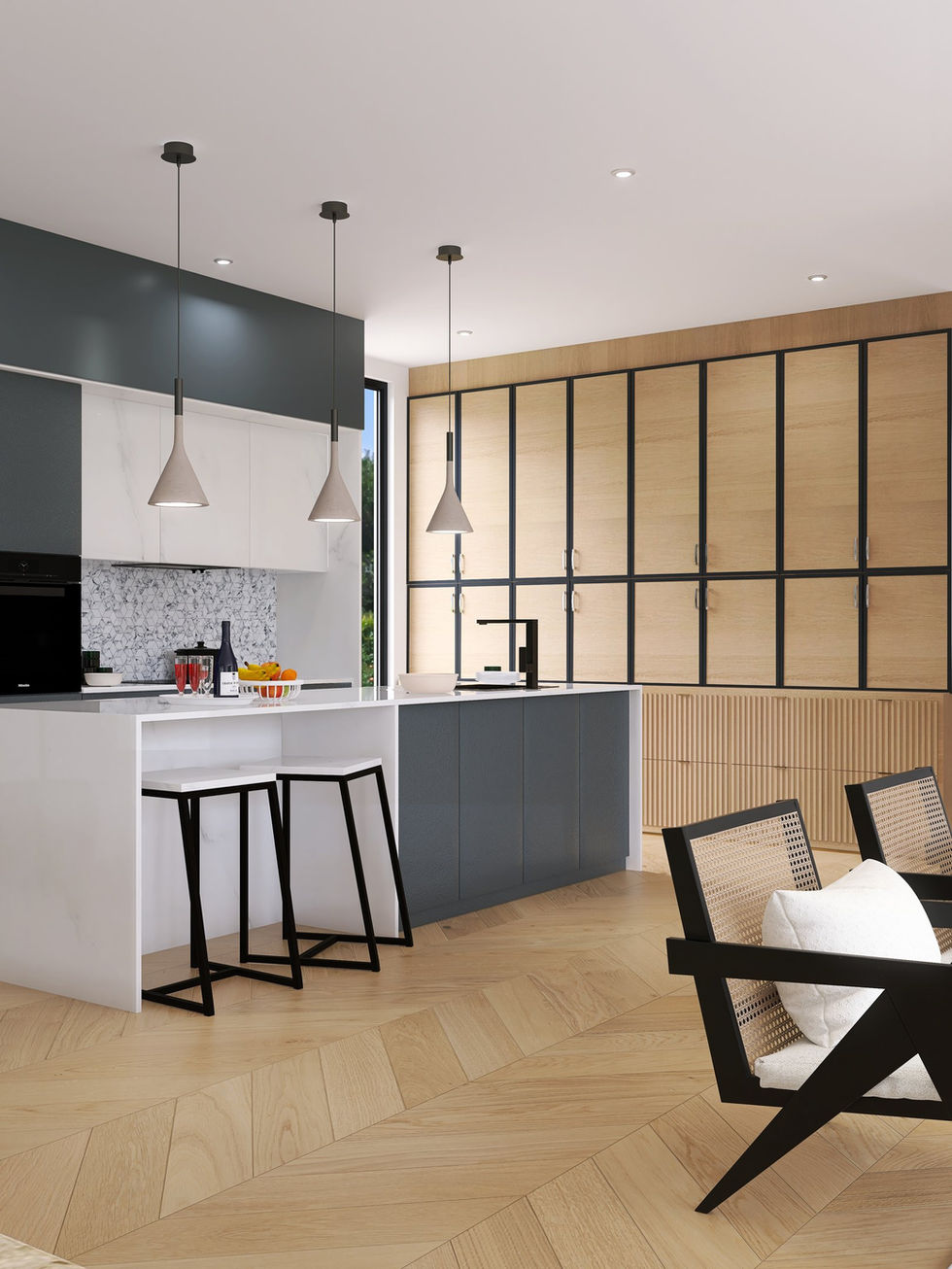 Japandi-inspired dining room with light wooden furniture, earthy ceramics, and cozy textiles blending minimalist and Scandinavian elements.