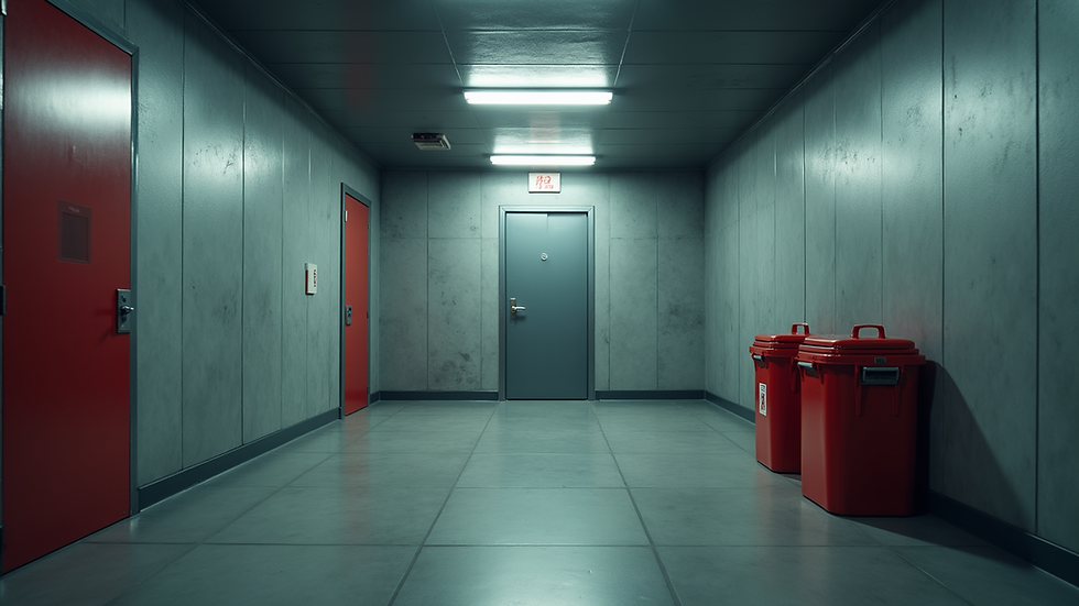 Eye-level view of a modern saferoom with reinforced walls and emergency supplies
