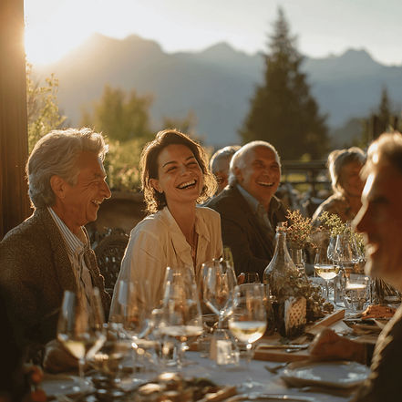 Group of HNWI enjoy dinner at a secluded Alpine restaurant in Austria